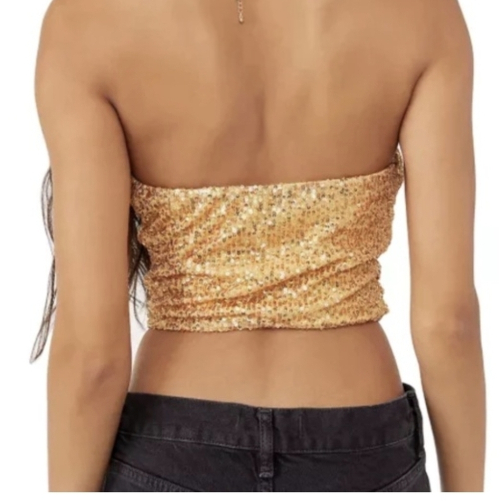 Free People  NWT Strapless Crop Ta Da Shimmering Gold Sequin Top W/ Boning Sz L - Picture 4 of 9